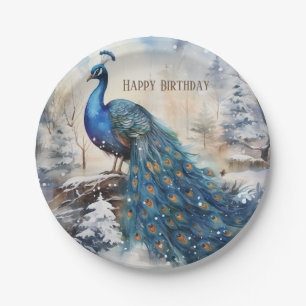 Winter Vibes Watercolor Peacock - Birthday Paper Plate