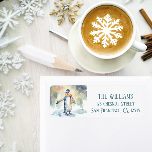 Winter Vibes Watercolor Penguin Return address  Label (Creator Uploaded)