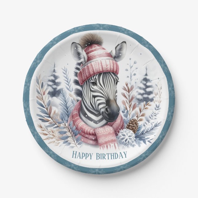 Winter Vibes Zebra Birthday Paper Plate (Front)
