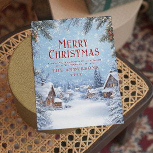Winter village and Snow Merry Christmas Holiday Card