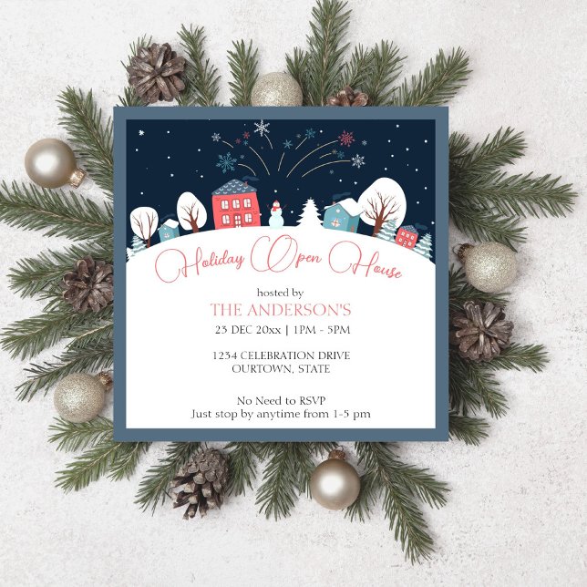 Winter village holiday open house party invitation (Winter village holiday open house party editable template invitation digital download cute houses)