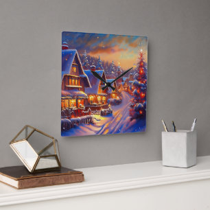 Winter Village Holiday Square Wall Clock