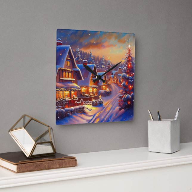 Winter Village Holiday Square Wall Clock (Office)