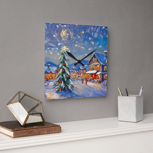 Winter Village Holiday Square Wall Clock (Office)