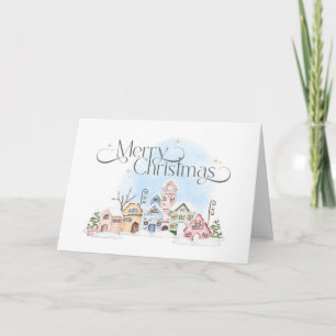 Winter Village Houses Snowy Merry Christmas Holiday Card