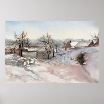 Winter Village Landscape Watercolor Print Poster