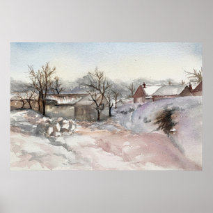 Winter Village Landscape Watercolor Print Poster