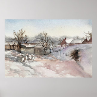 Winter Village Landscape Watercolor Print Poster