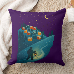 Winter Village Lantern Walk Night Scene Throw Pill Cushion