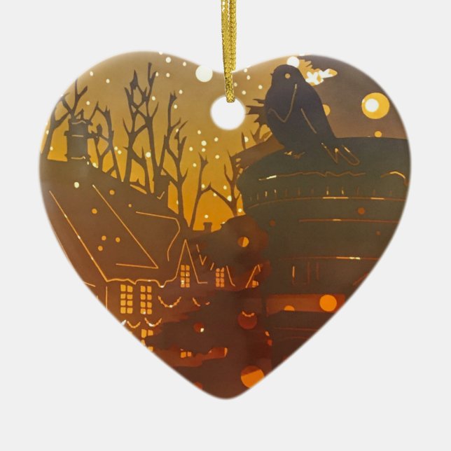 Winter village night time scene ceramic ornament (Front)