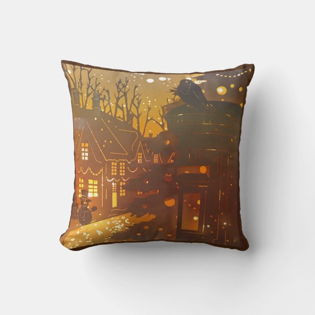 Winter village night time scene cushion (Front)