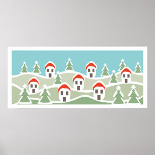 Winter village, red roof houses custom Poster