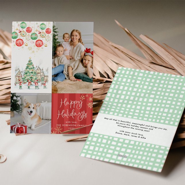 Winter Village Red Stripes Happy Holidays 2 Photo Holiday Card (Creator Uploaded)