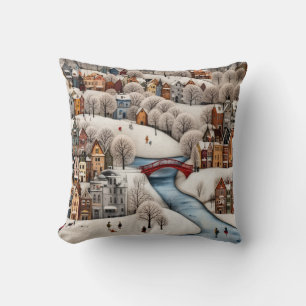 Winter Village Scene Cosy Snowy Town Cushion