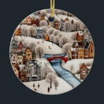 Winter Village Scene Cozy Snowy Town  Ceramic Ornament<br><div class="desc">Perfect for puzzle lovers, Scandinavian decor fans, holiday shoppers, and fans of whimsical winter art, this delightful illustration depicts a snow-covered European-style town with vibrant houses, a striking red bridge, icy river, and tiny figures skating, walking, and playing. Ideal as wall art, jigsaw puzzle print, Christmas gift, or nursery/kids’ room...</div>