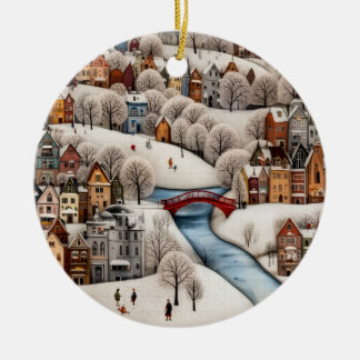 Winter Village Scene Cozy Snowy Town  Ceramic Ornament