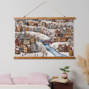 Winter Village Scene Cozy Snowy Town Hanging Tapestry