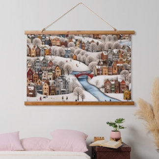 Winter Village Scene Cozy Snowy Town  Hanging Tapestry