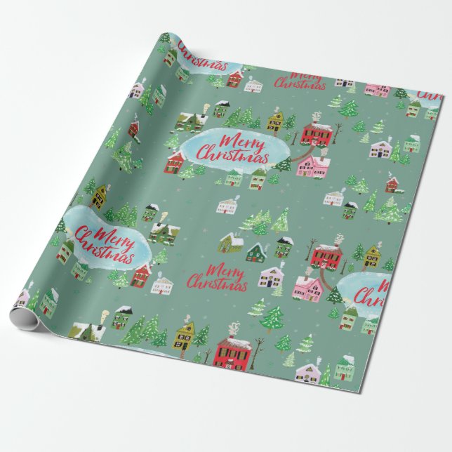 Winter Village Scene Merry Christmas Wrapping Paper (Unrolled)