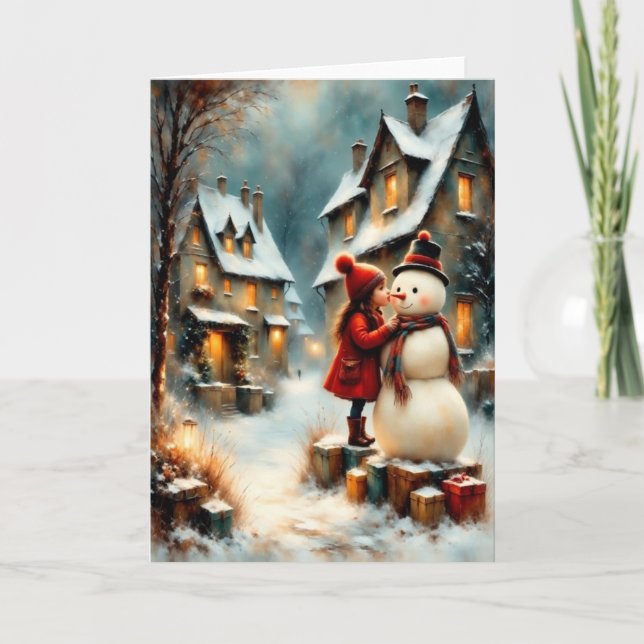 Winter village scene with girl and snowman card (Front)