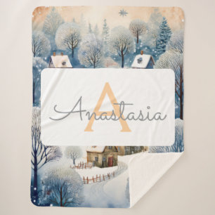 Winter Village Scene with Monogram & Name Sherpa Blanket