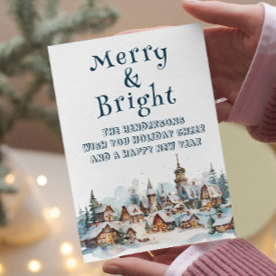 Winter Village Scenery Merry and Bright Holiday Card