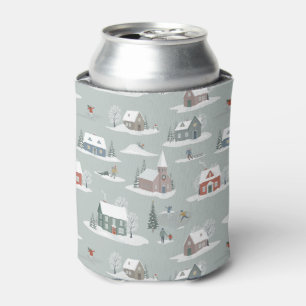 Winter Village Snow Scene Pattern Can Cooler