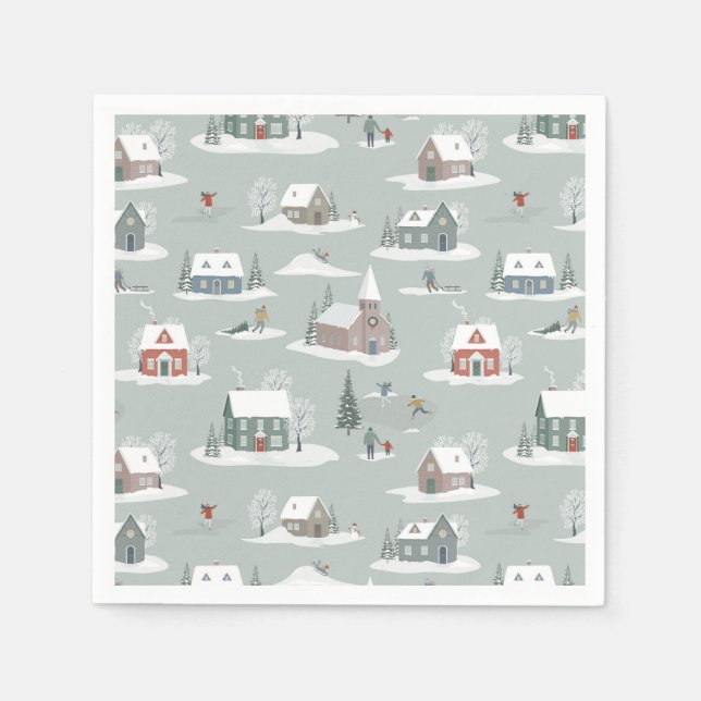 Winter Village Snow Scene Pattern Napkin (Front)