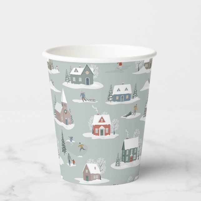 Winter Village Snow Scene Pattern Paper Cups (Front)