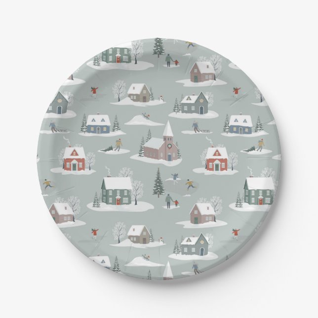 Winter Village Snow Scene Pattern Paper Plate (Front)