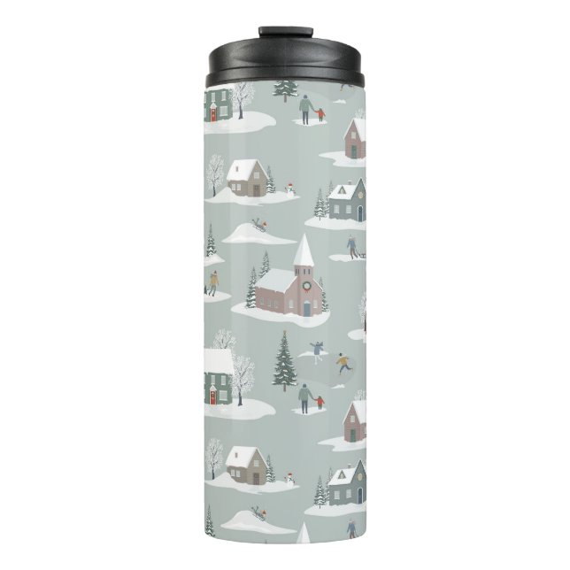 Winter Village Snow Scene Pattern Thermal Tumbler (Front)