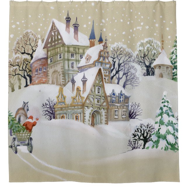Winter Village: Snowy, Illustrated Landscape. Shower Curtain (Front)
