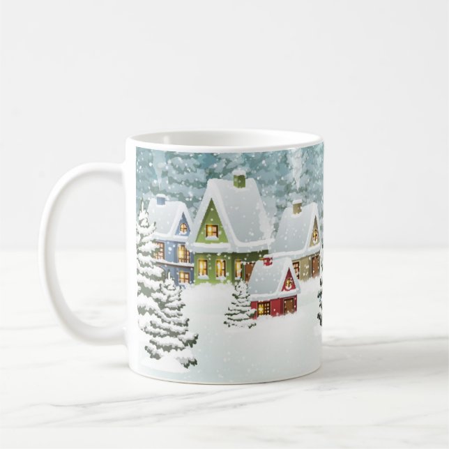 Winter village: snowy landscape scene coffee mug (Left)