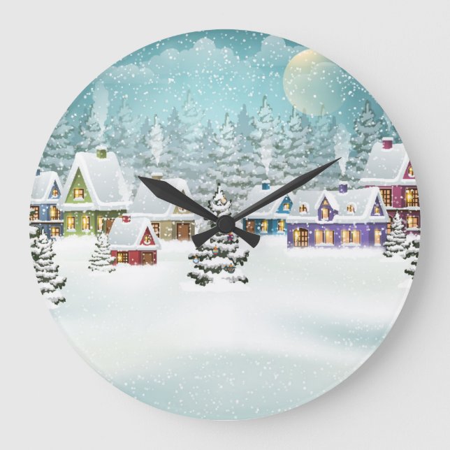 Winter village: snowy landscape scene large clock (Front)