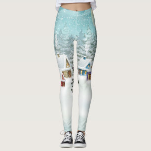 Winter village: snowy landscape scene leggings