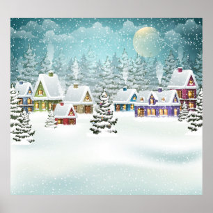 Winter village: snowy landscape scene poster