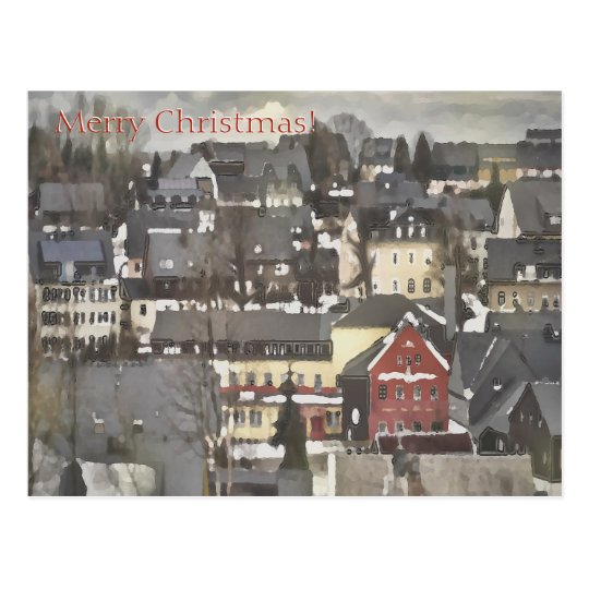 Winter Village with One Red House Merry Christmas Postcard