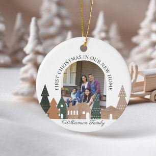 Winter Village Woodgrain First Christmas Photo Ceramic Ornament