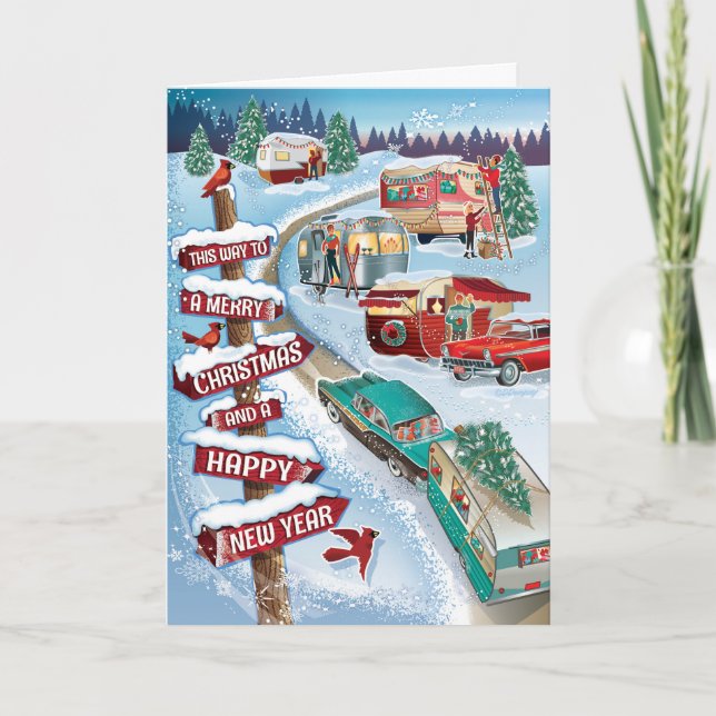 Winter Vintage Campers Retro Christmas Cards (Front)