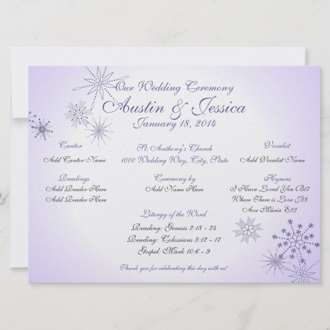 Winter Violet Snowflake Wedding Program (Front)