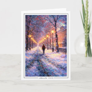 Winter Walk Under Streetlights – Impressionist Card