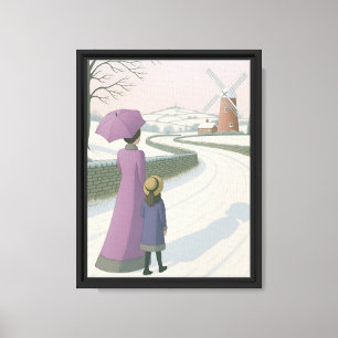 Winter Walk with Windmill Canvas Print