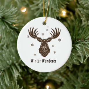 Winter Wanderer Rustic Stag   Majestic Deer & Snow Ceramic Ornament