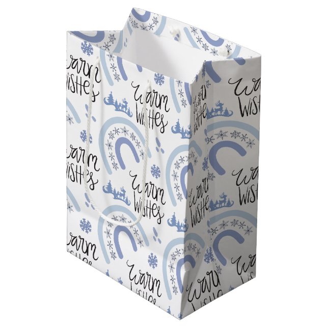 Winter Warm Wishes Blue Snowflake Rainbow Medium Gift Bag (Front Angled)