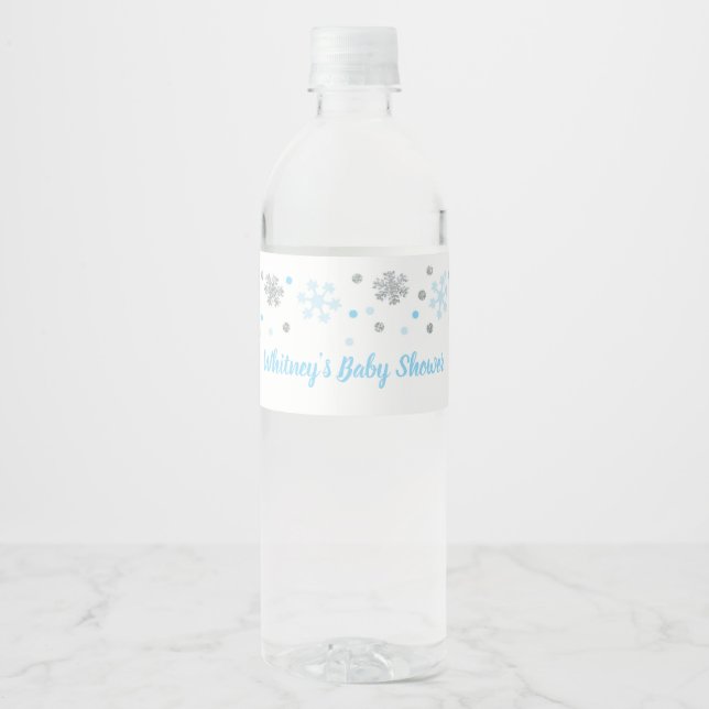 Winter Water Bottle Labels Blue Silver Snowflakes (Front)