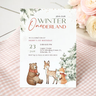 Winter Watercolor Animal Onederland First Birthday Invitation