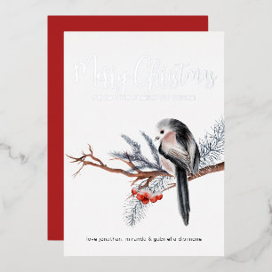 Winter Watercolor Bird Silver  Foil Holiday Card