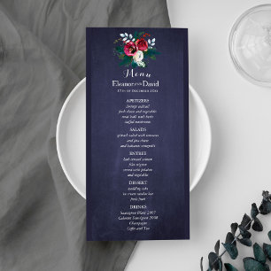 Winter watercolor botanical navy wedding menu