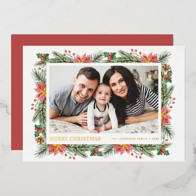 Winter Watercolor Botanicals Merry Christmas Photo Foil Holiday Card (Front/Back)