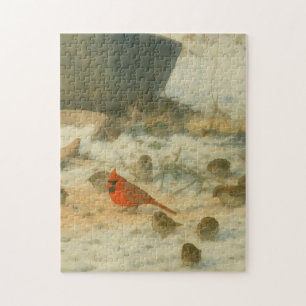 Winter Watercolor Cardinal and Sparrows Jigsaw Puzzle